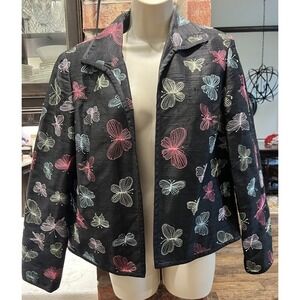 Peck and Peck 100% Silk Open Jacket Blazer Black Embroidered Butterflies Sz 10